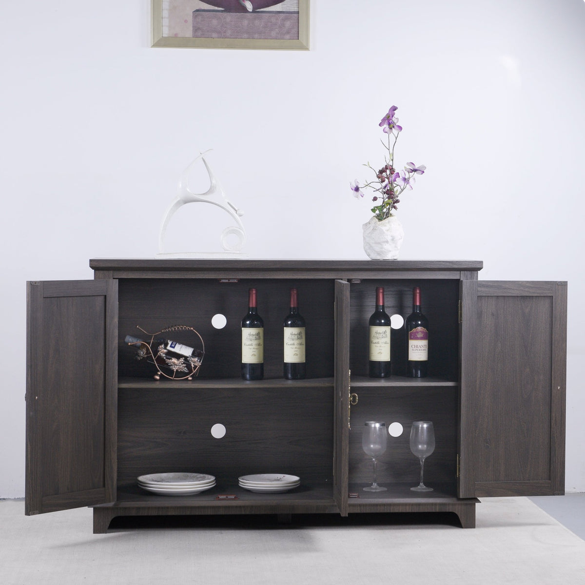 Heritage Walnut Sideboard with mirrored doors and adjustable shelves by Anthony & Home, measuring 49.3 x 15.6 inches.