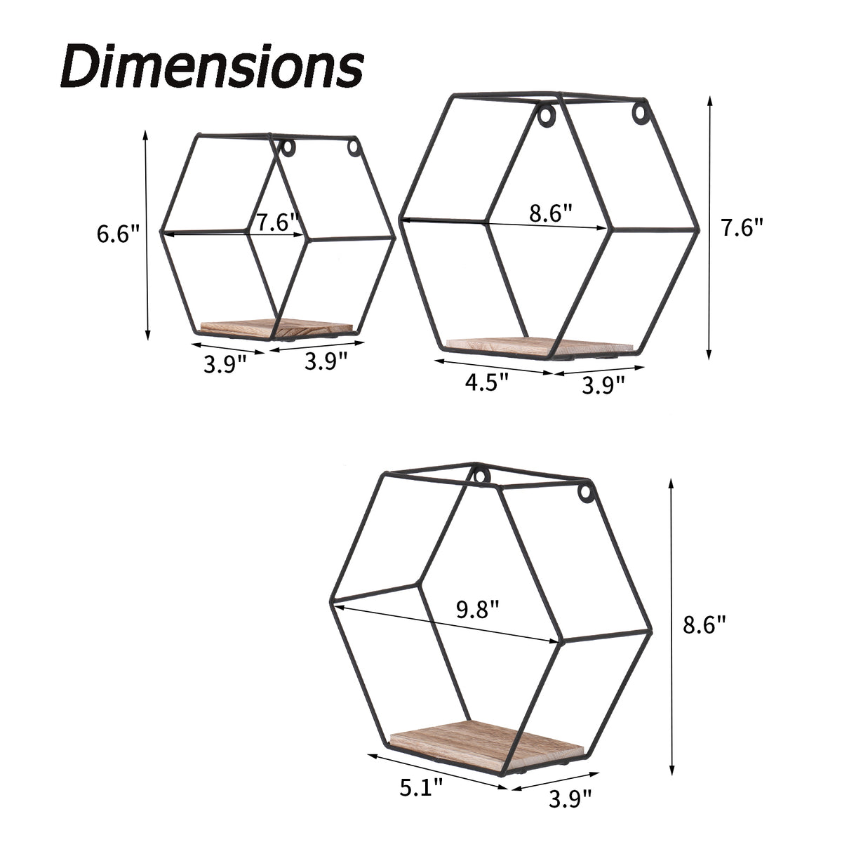 Set of three natural wood hexagonal floating shelves mounted on a wall, designed for versatile storage and display in a modern home.