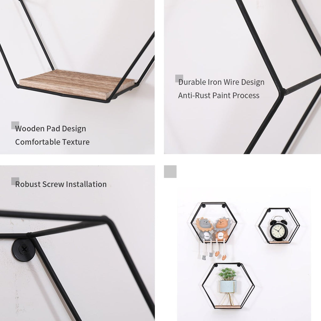 Set of three natural wood hexagonal floating shelves mounted on a wall, ideal for home or studio storage and display.