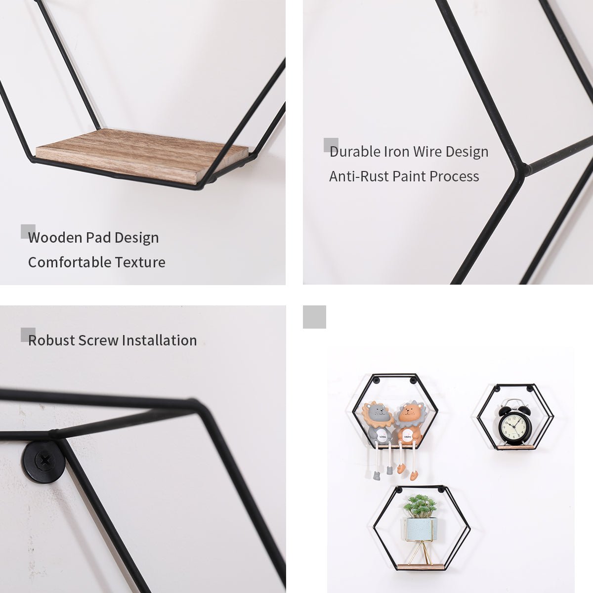 Set of three natural wood hexagonal floating shelves mounted on a wall, ideal for home or studio storage and display.
