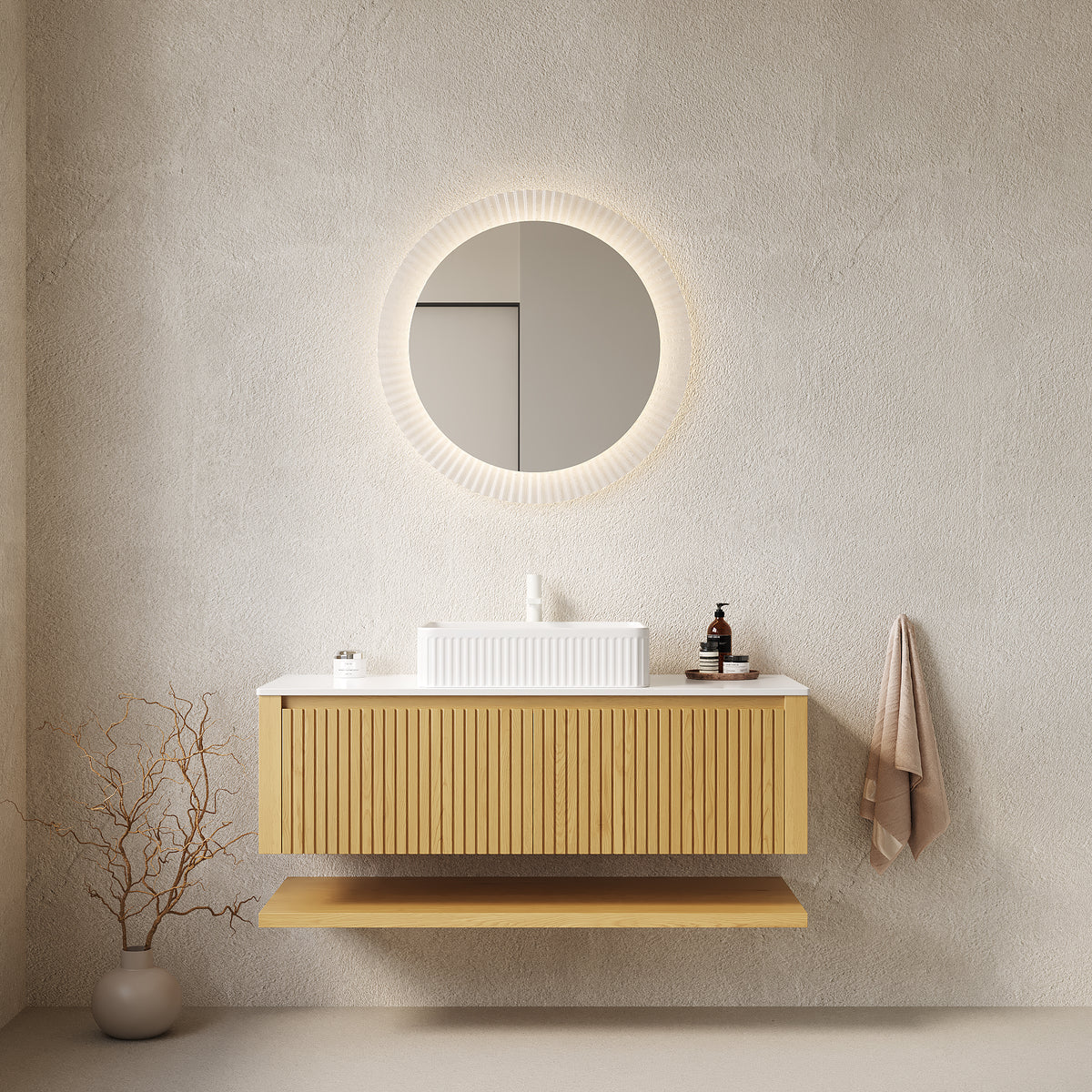 Hizon Atelier 48-inch wall mount vanity by Anthony & Home featuring sleek sintered stone surface and modern design.