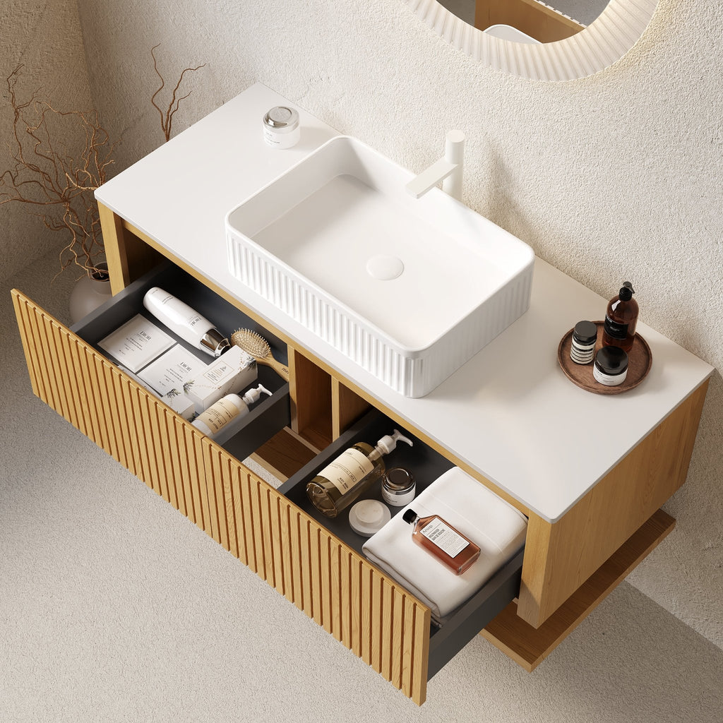 Hizon Atelier 48-inch wall mount vanity with sintered stone top by Anthony & Home, showcasing sleek modern design and smooth surface.