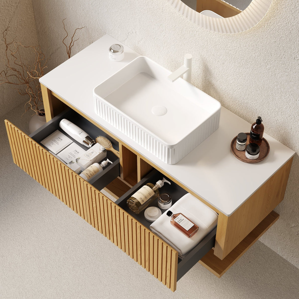 Hizon Atelier 48-inch wall mount vanity with sintered stone top by Anthony & Home, showcasing sleek modern design and smooth surface.