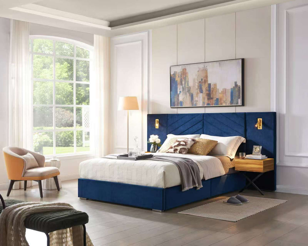 Anthony & Home Ice Velvet Queen Bed Frame with channel tufted wingback headboard in a stylish studio collection design