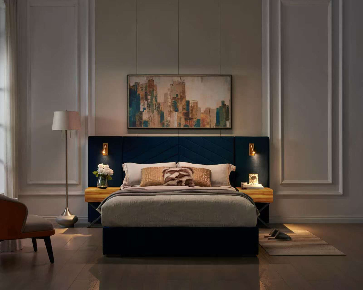 Ice velvet queen bed frame with channel tufted wingback headboard from Anthony & Home Studio Collection, showcasing plush fabric and elegant design.