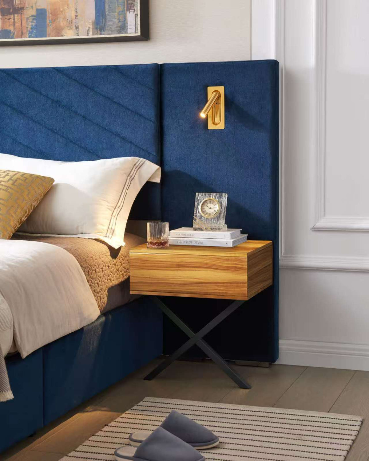Ice velvet queen bed frame with channel-tufted wingback headboard in a luxurious Anthony & Home Studio Collection style.