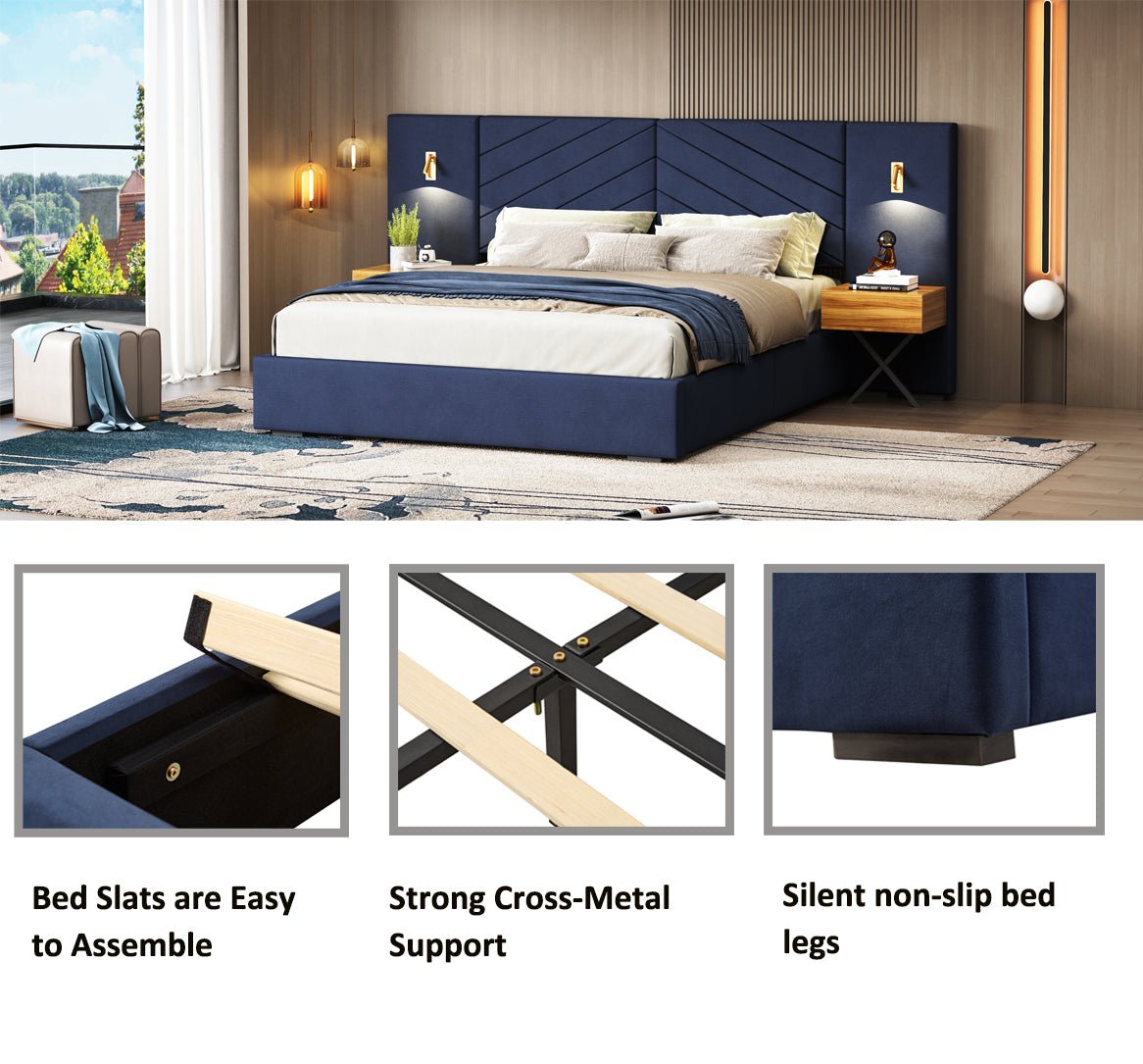 Ice Velvet Queen Bed Frame with channel tufted wingback headboard by Anthony & Home, showcasing a luxurious, modern bedroom design.