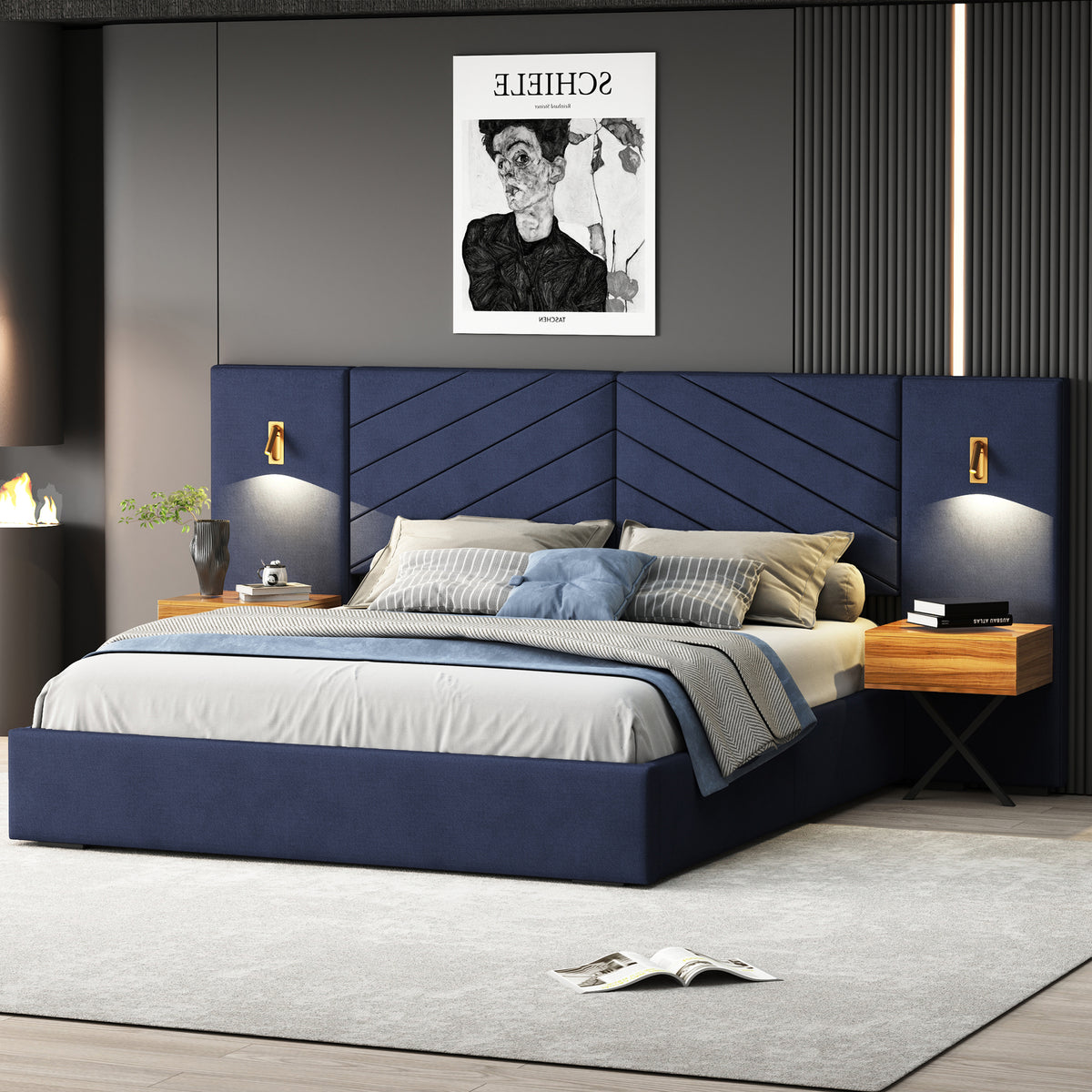 Ice Velvet Queen Bed Frame by Anthony & Home with channel-tufted wingback headboard in a stylish studio collection design.