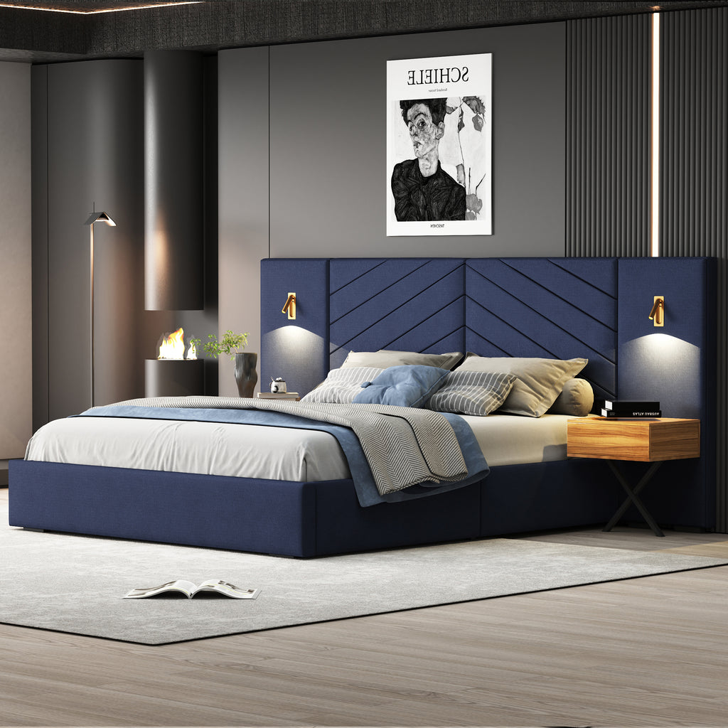 Ice Velvet queen bed frame with channel-tufted wingback headboard from Anthony & Home's Studio Collection, showcasing luxurious velvet upholstery.