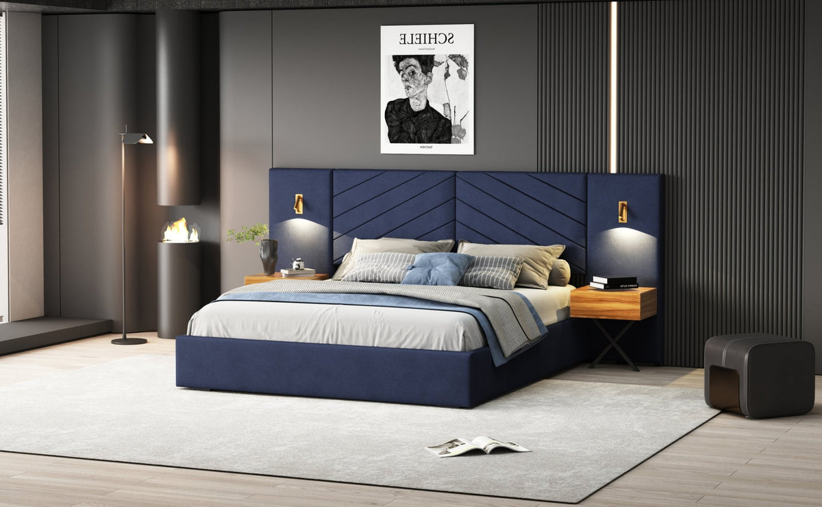 Ice Velvet Queen Bed Frame with channel tufted wingback headboard by Anthony & Home, showcasing a luxurious, plush fabric design.