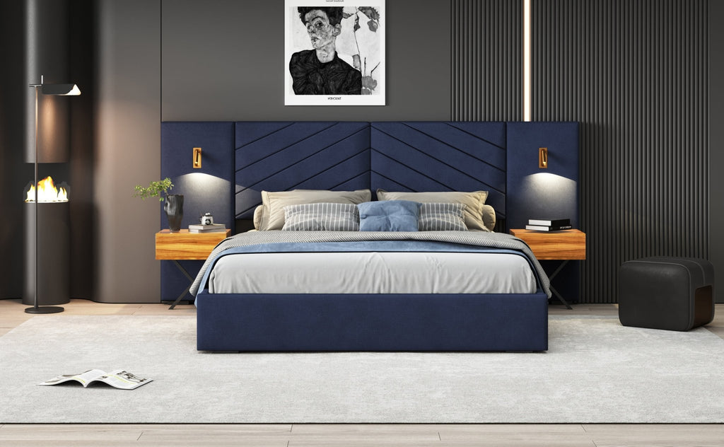 Anthony & Home Ice Velvet Queen Bed Frame with channel tufted wingback headboard in a stylish studio collection design.