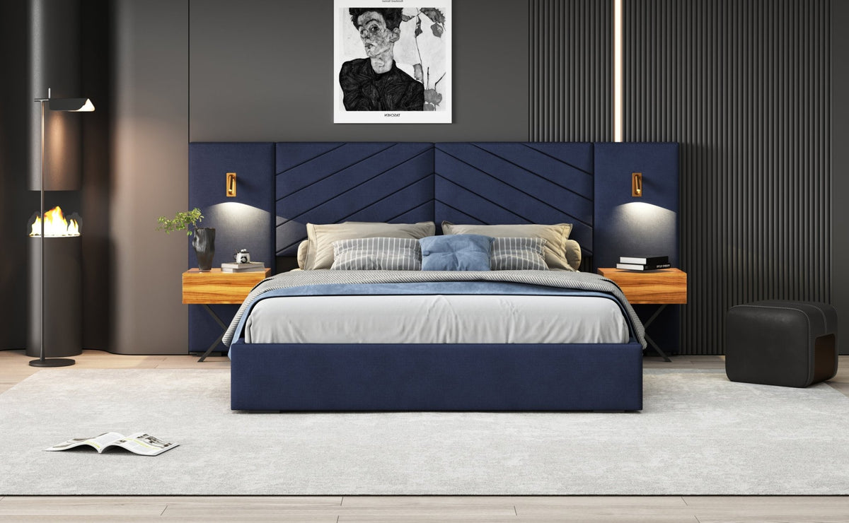 Anthony & Home Ice Velvet Queen Bed Frame with channel tufted wingback headboard in a stylish studio collection design.