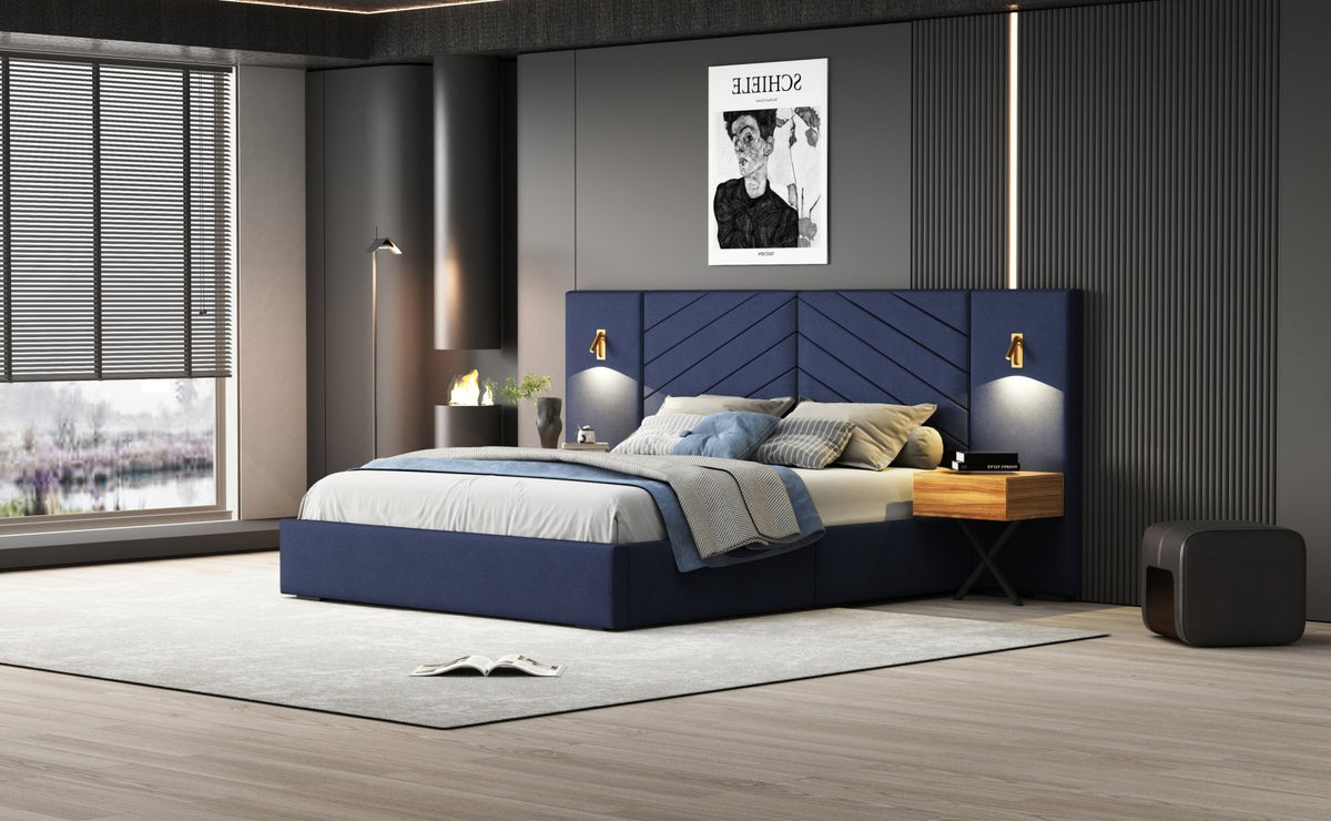 Anthony & Home Ice Velvet Queen Bed Frame with channel tufted wingback headboard, studio collection exclusive interior design piece