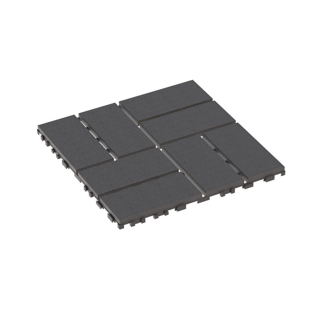 Grey polypropylene interlocking deck tiles, 12x12 inches, Anthony & Home 44-pack, showing assembled outdoor flooring panels.