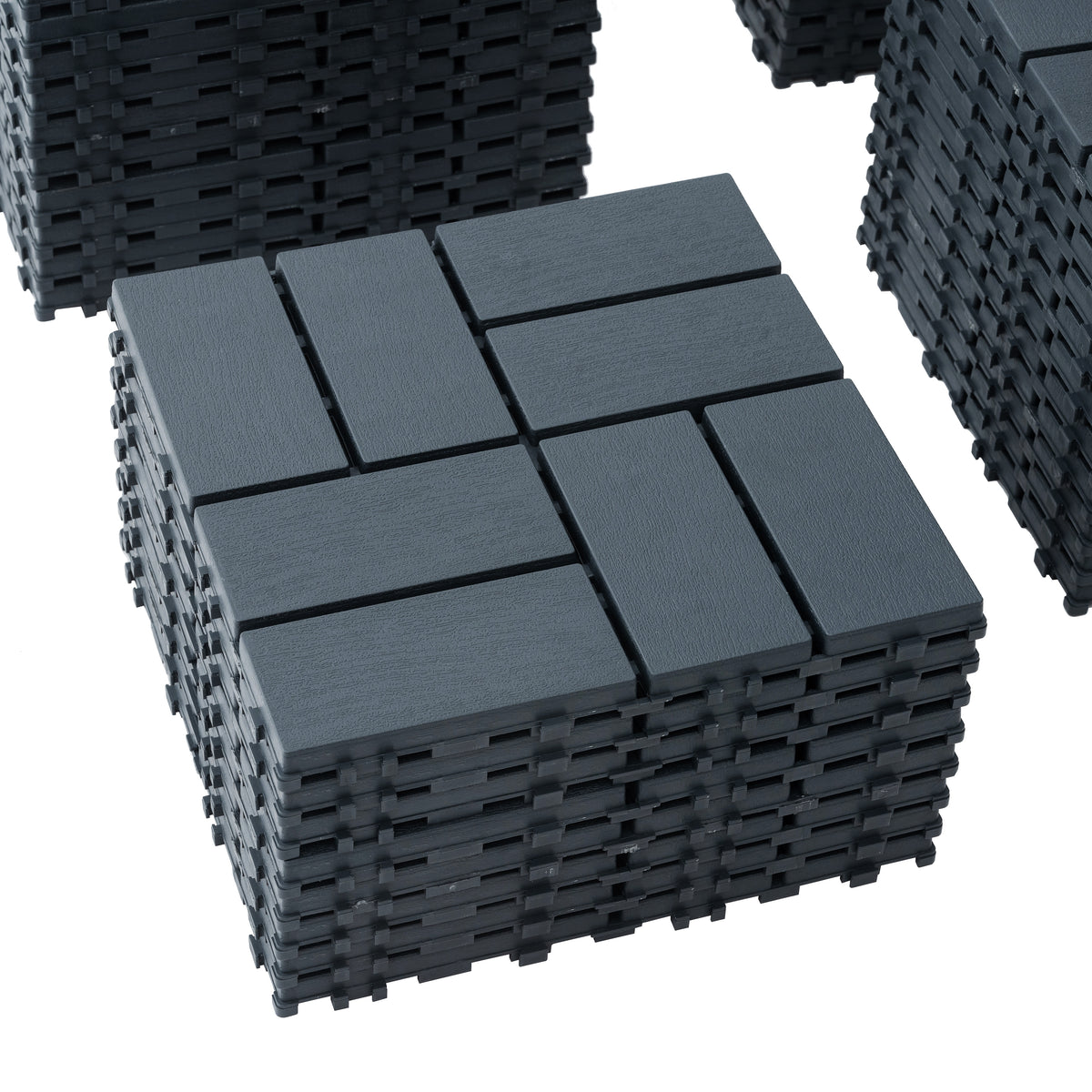 Grey polypropylene interlocking deck tiles in a 44-pack, each 12x12 inches, perfect for outdoor patios and decks.