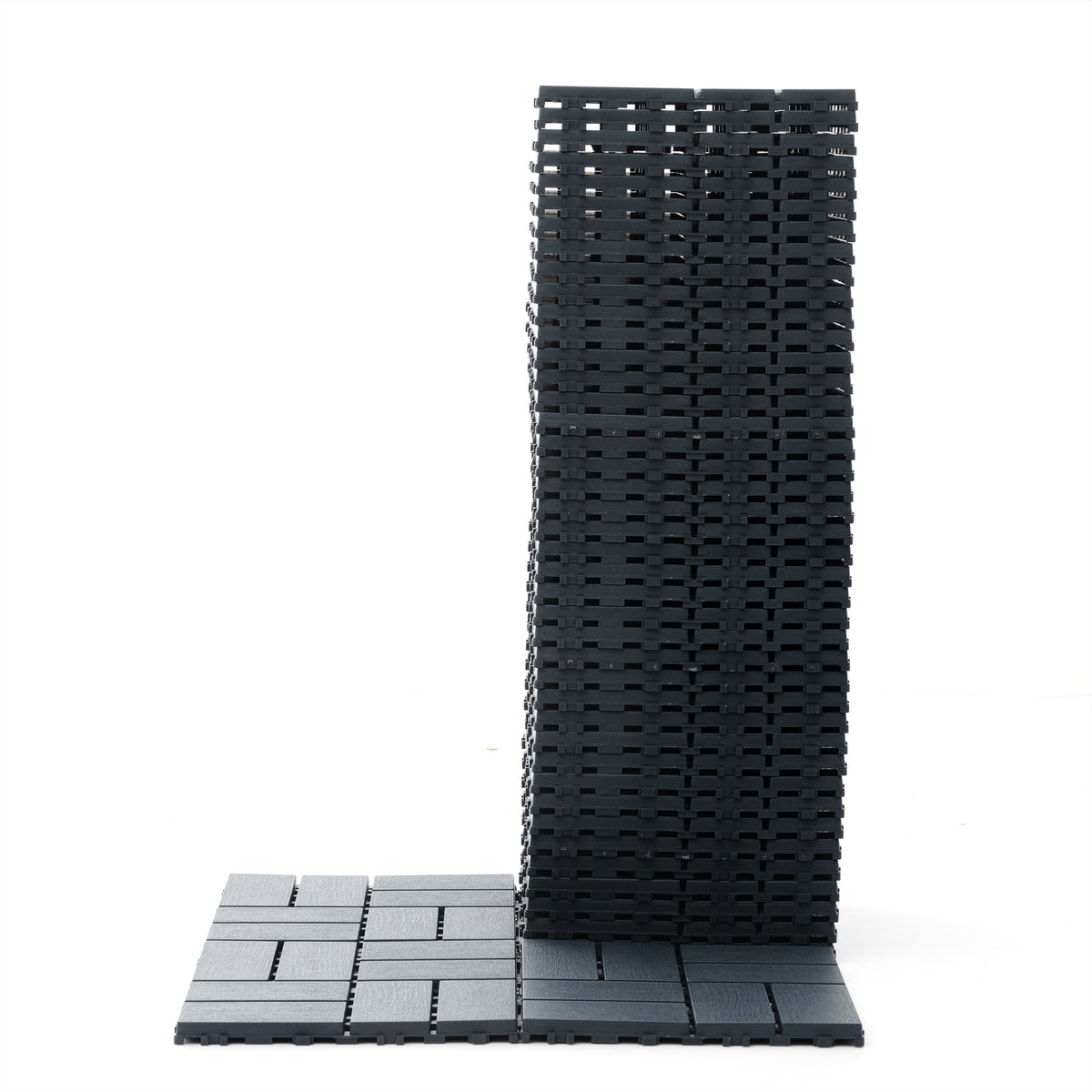 Grey polypropylene interlocking deck tiles, 44-pack, 12x12 inches, by Anthony & Home, shown arranged on outdoor surface.