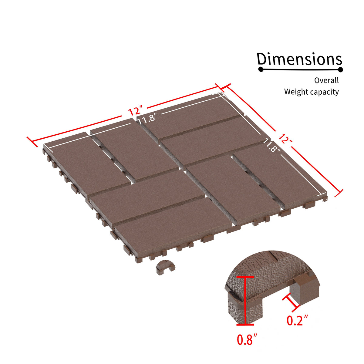 Brown polypropylene interlocking deck tiles from Anthony & Home, 12x12 inch outdoor flooring with a textured surface.