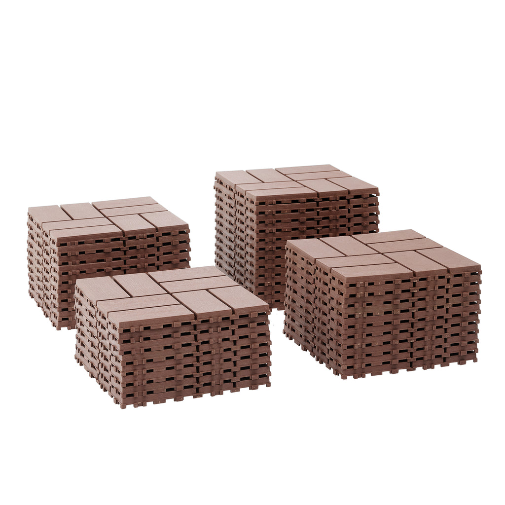 Brown polypropylene interlocking deck tiles from Anthony & Home, 12x12 inch outdoor flooring for patios and decks.