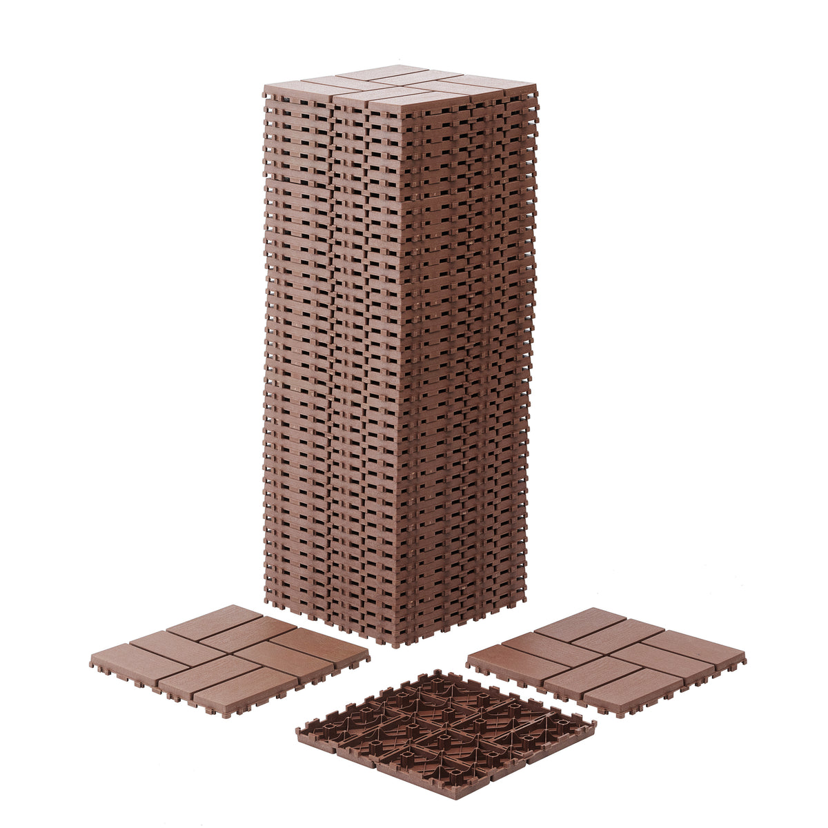 Brown polypropylene interlocking deck tiles from Anthony & Home, 12x12 inches, shown assembled on outdoor surface.