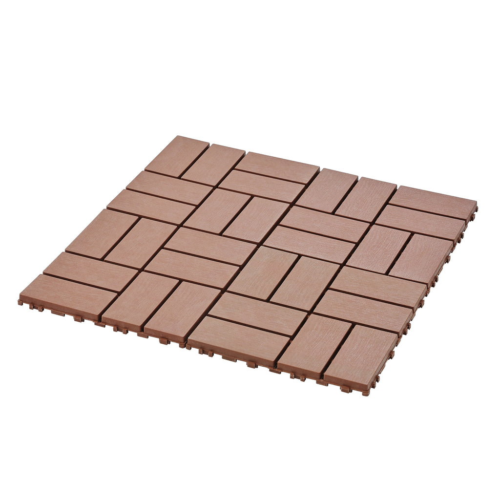 Brown polypropylene interlocking deck tiles from Anthony & Home, 12x12 inch outdoor flooring with a textured surface.