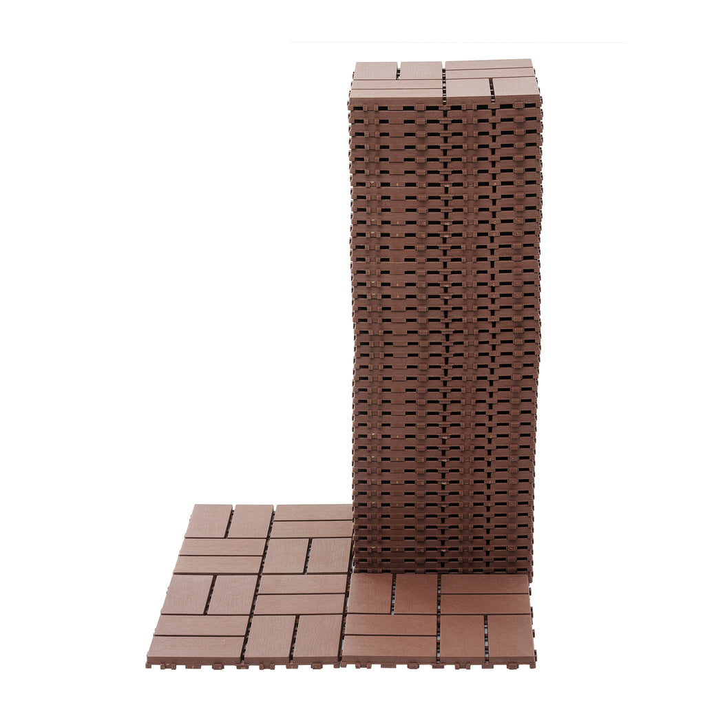 Brown polypropylene interlocking deck tiles from Anthony & Home, 12x12 inch outdoor flooring with a textured surface.