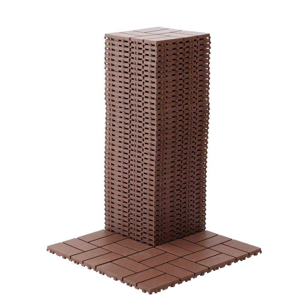 Brown polypropylene interlocking deck tiles from Anthony & Home, 12x12 inches, showing the textured surface and interlocking edges.