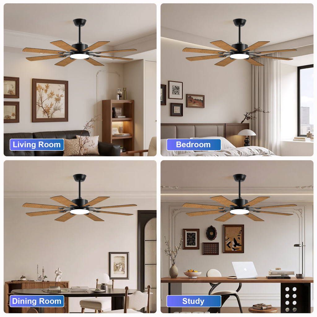 Anthony & Home Iron Windmill Elite 52-inch ceiling fan with plywood blades, shown mounted on a ceiling in a modern room.