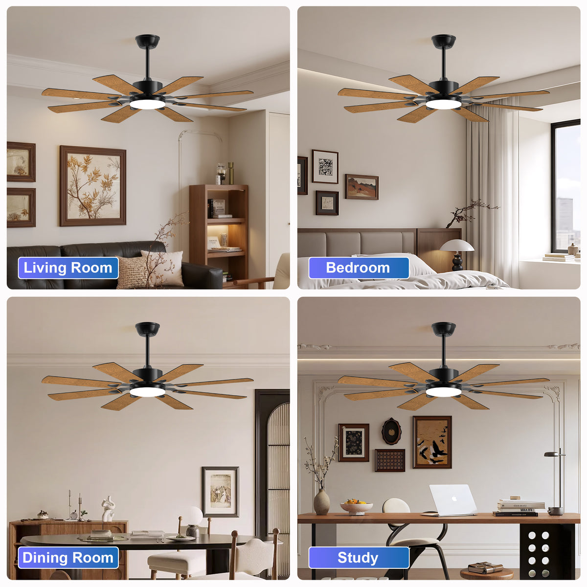 Anthony & Home Iron Windmill Elite 52-inch ceiling fan with plywood blades, shown mounted on a ceiling in a modern room.
