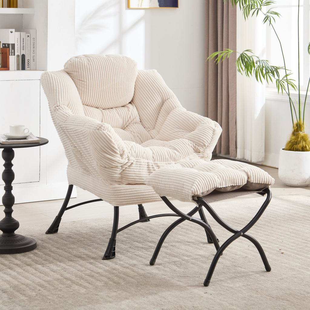 Ivory upholstered lounge chair with matching ottoman and side pocket, modern reading nook accent by Anthony & Home.