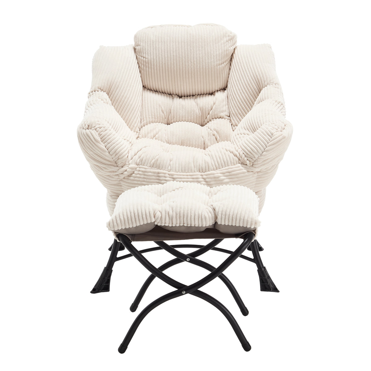 Ivory upholstered lounge chair with matching ottoman and side pocket, modern reading nook accent by Anthony & Home