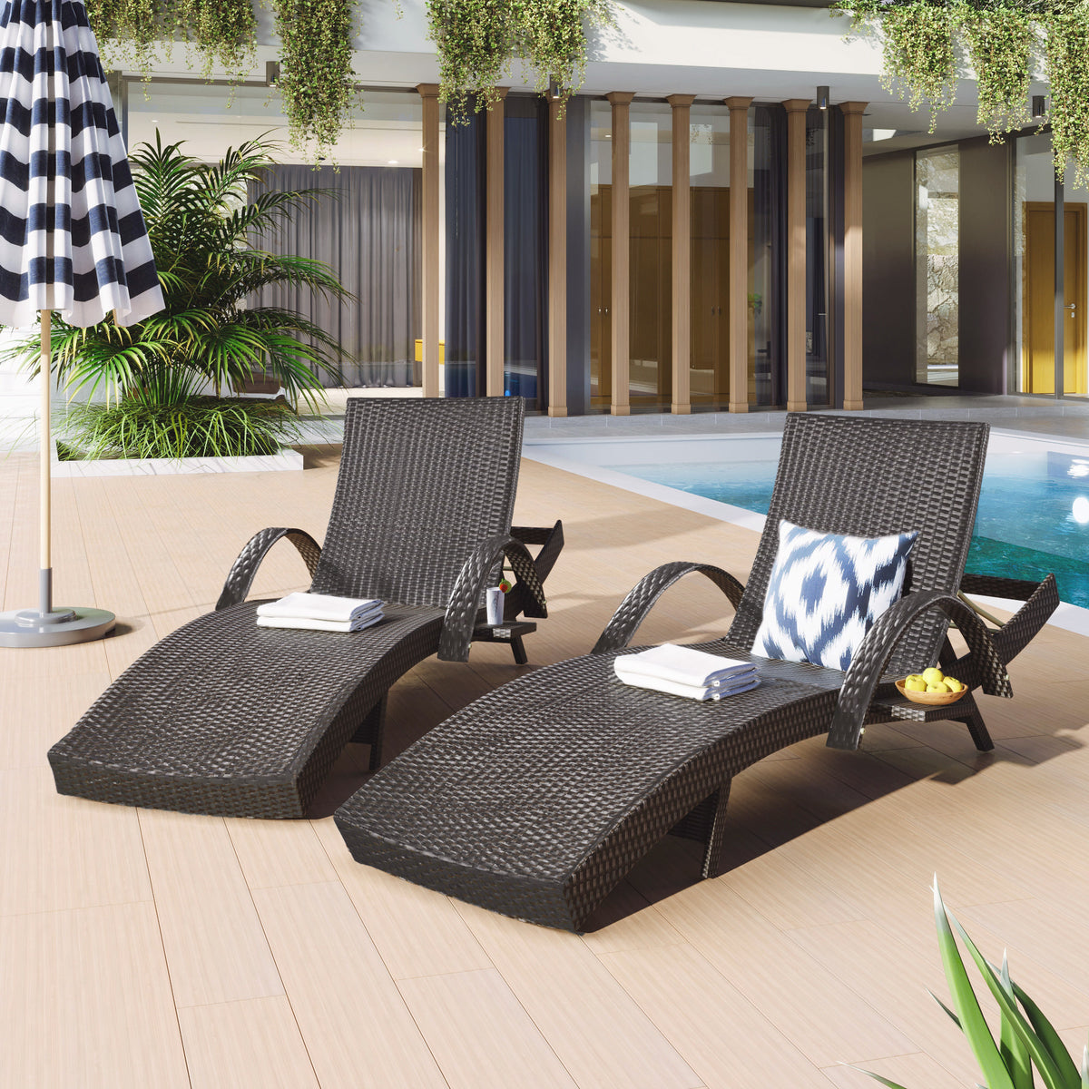 Anthony & Home K&K Signature outdoor wicker chaise lounges set with dark brown finish, adjustable backrests and pull-out side table