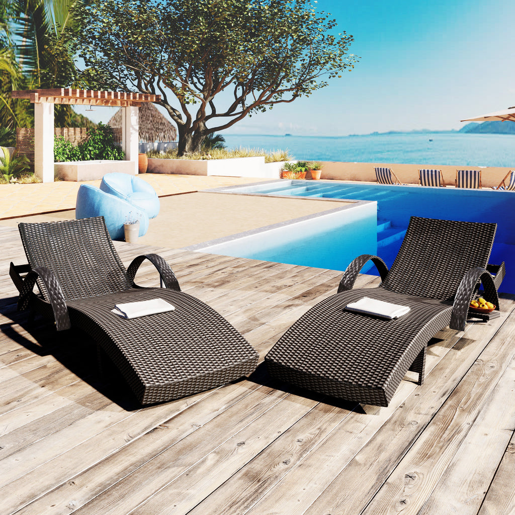 Anthony & Home outdoor wicker chaise lounges set with pull-out side table, adjustable backrest, dark brown finish, and comfortable cushions