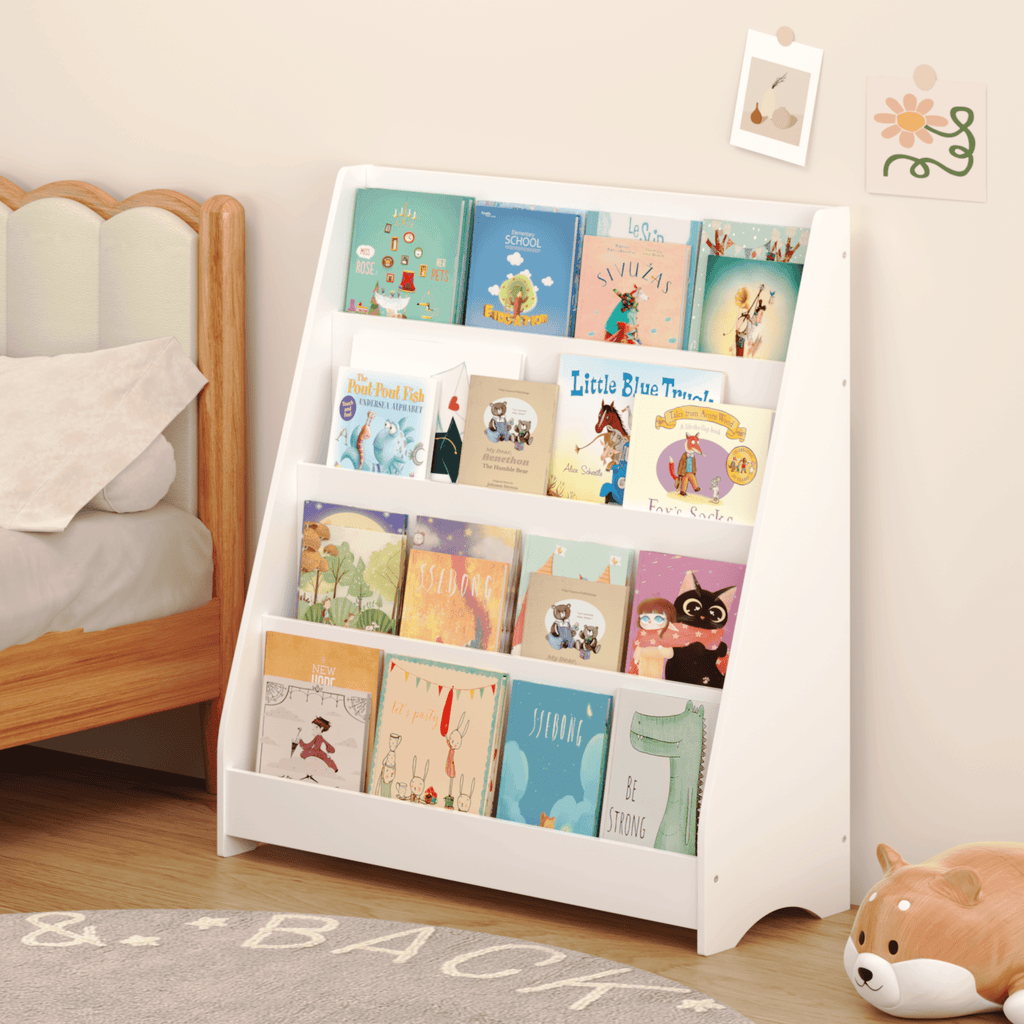 Anthony & Home Kids Bookshelf Exclusive Edition, wooden children's bookshelf with colorful storage bins and book display area.