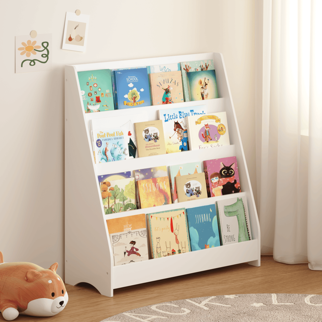 Children's bookshelf by Anthony & Home, exclusive edition, featuring colorful compartments and space for kids' books and toys.