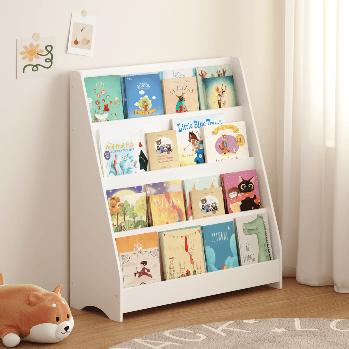 Children's bookshelf by Anthony & Home, exclusive edition, featuring colorful compartments and space for kids' books and toys.