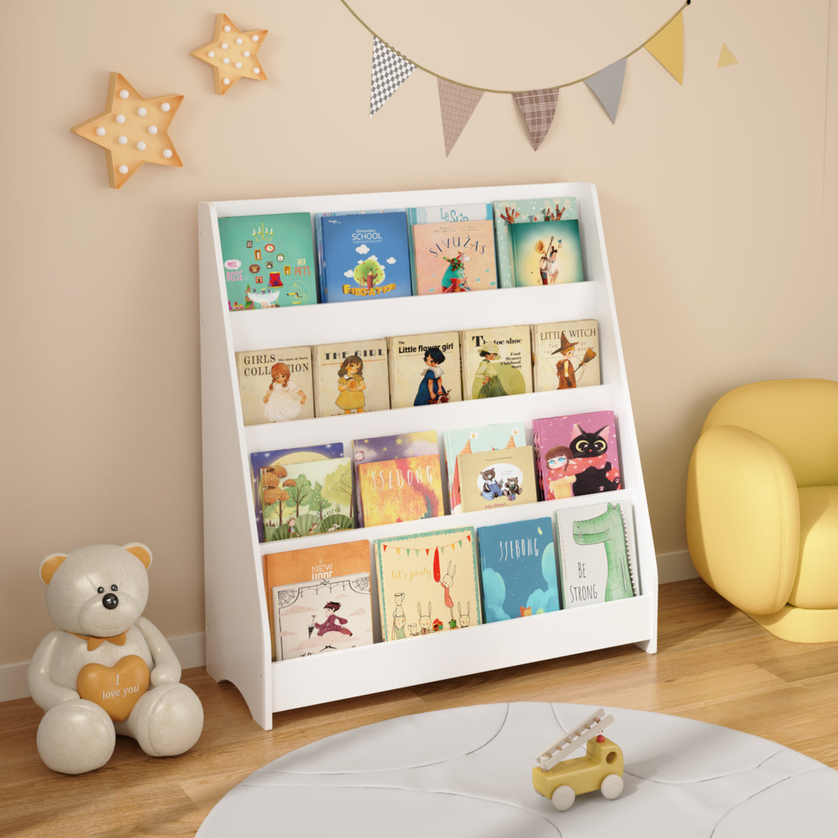 Kids bookshelf by Anthony & Home, exclusive edition, featuring colorful compartments and a sturdy wooden frame for children's rooms.