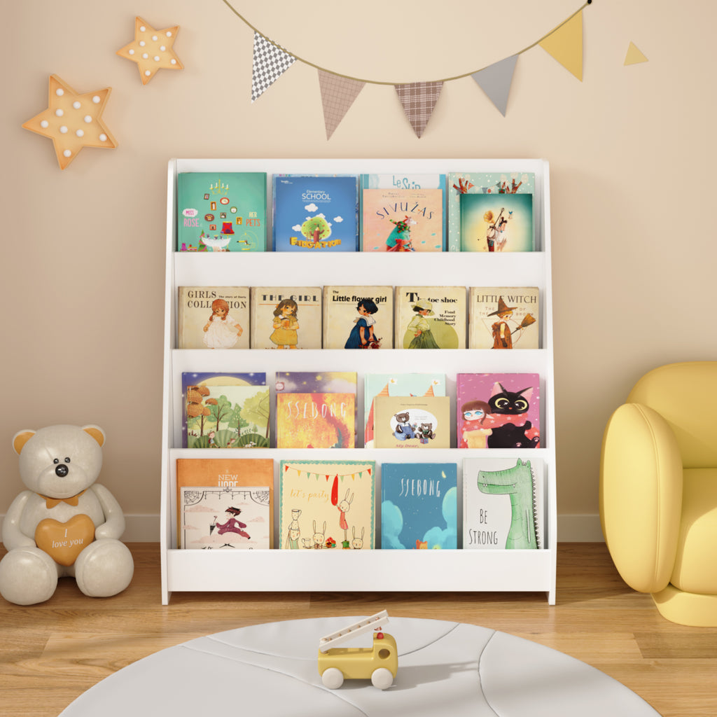 Children's bookshelf from Anthony & Home, exclusive edition, showcasing colorful wooden shelves with children's books and toys.