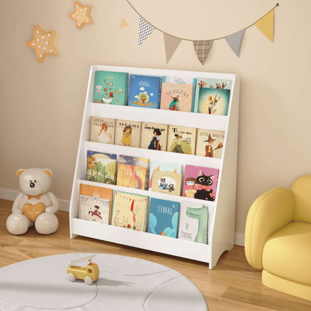 Kids bookshelf from Anthony & Home, exclusive edition, featuring colorful shelves and playful design for children's room organization.