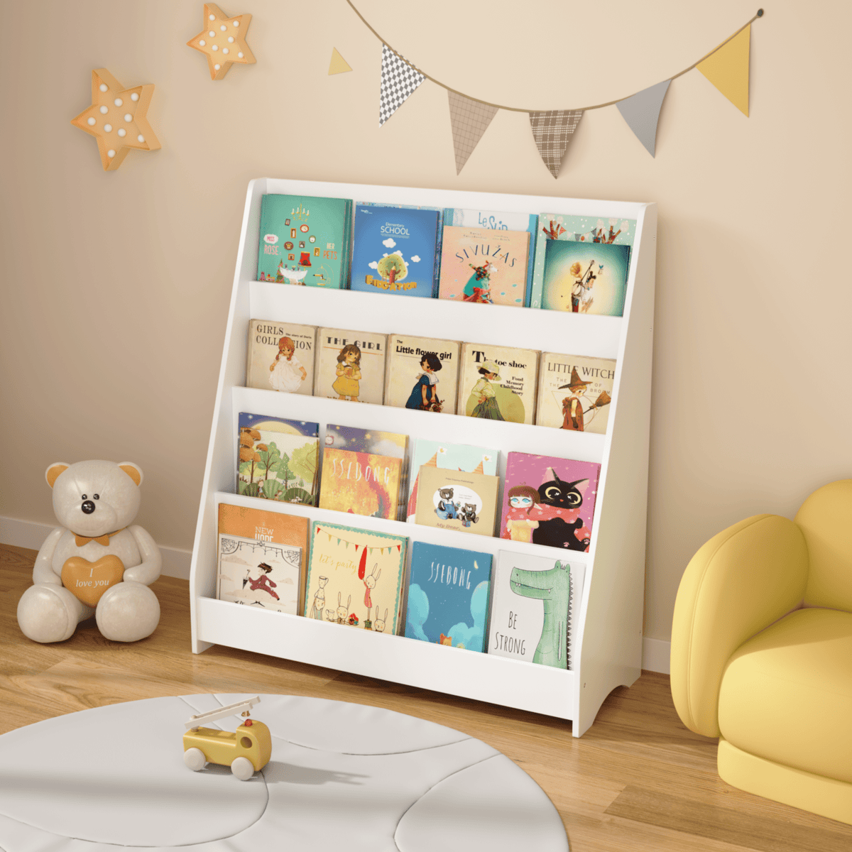 Kids bookshelf from Anthony & Home, exclusive edition, featuring colorful shelves and playful design for children's room organization.