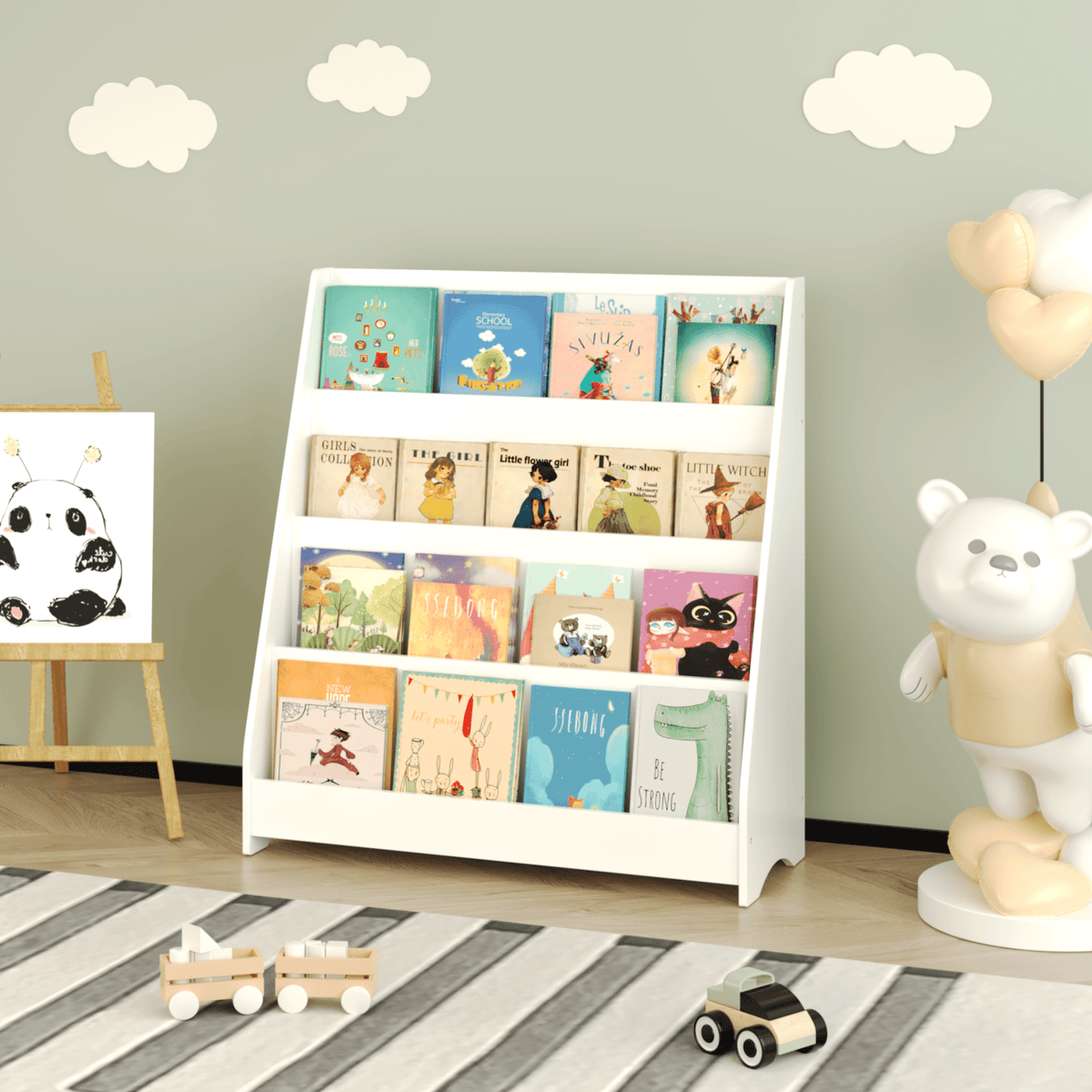Kids bookshelf from Anthony & Home's exclusive edition, featuring colorful wooden shelves for children's books and toys.