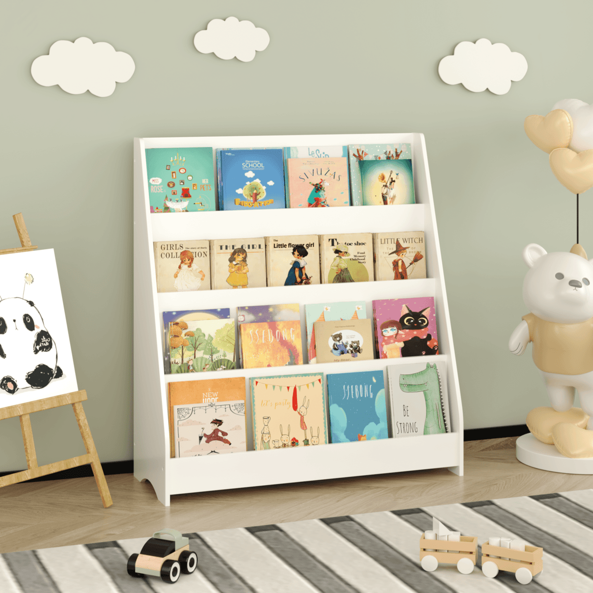 Anthony & Home Kids Bookshelf Exclusive Edition, sturdy wooden bookshelf with colorful bins for children's books and toys.