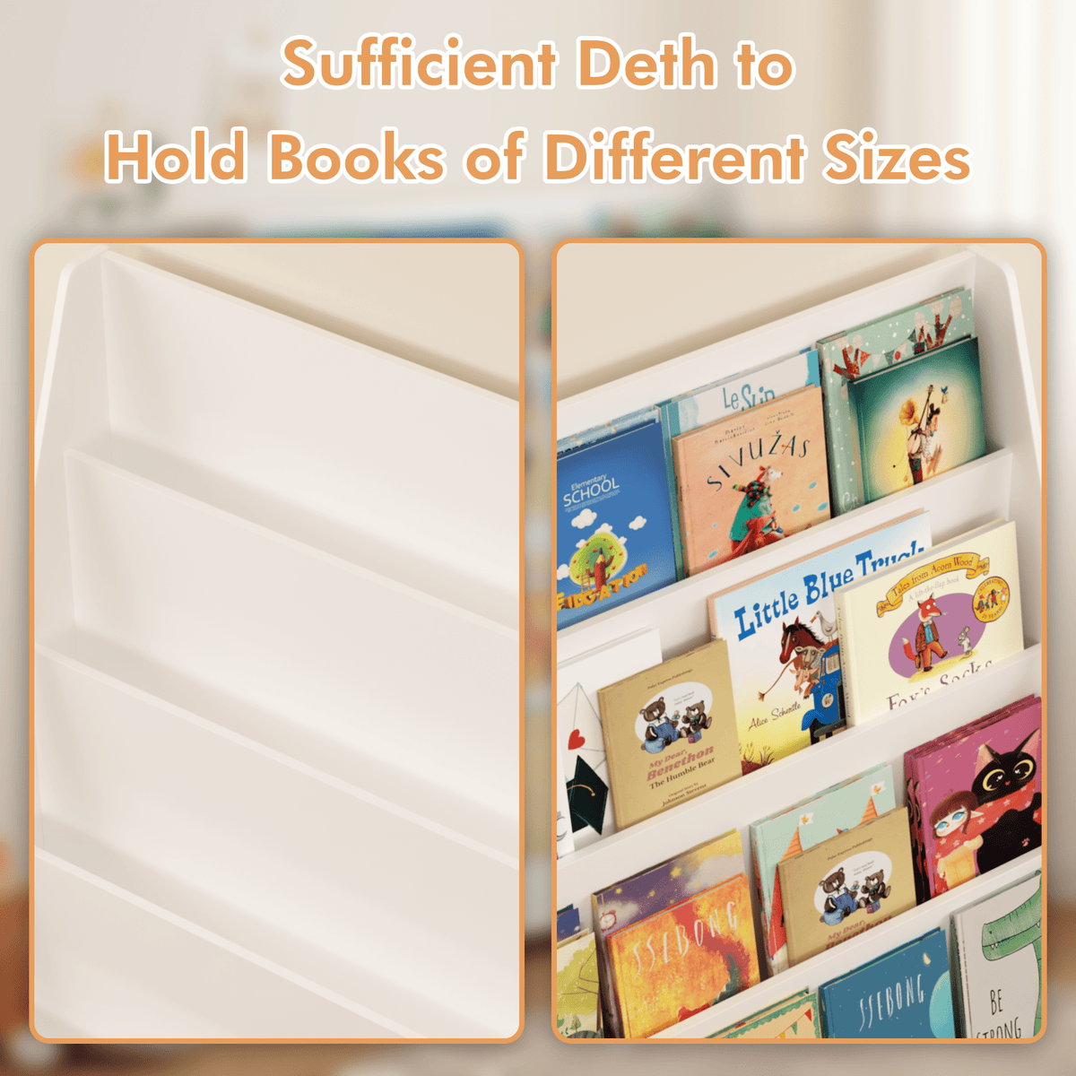 Children's bookshelf by Anthony & Home, exclusive edition with colorful compartments for kids' books and toys.