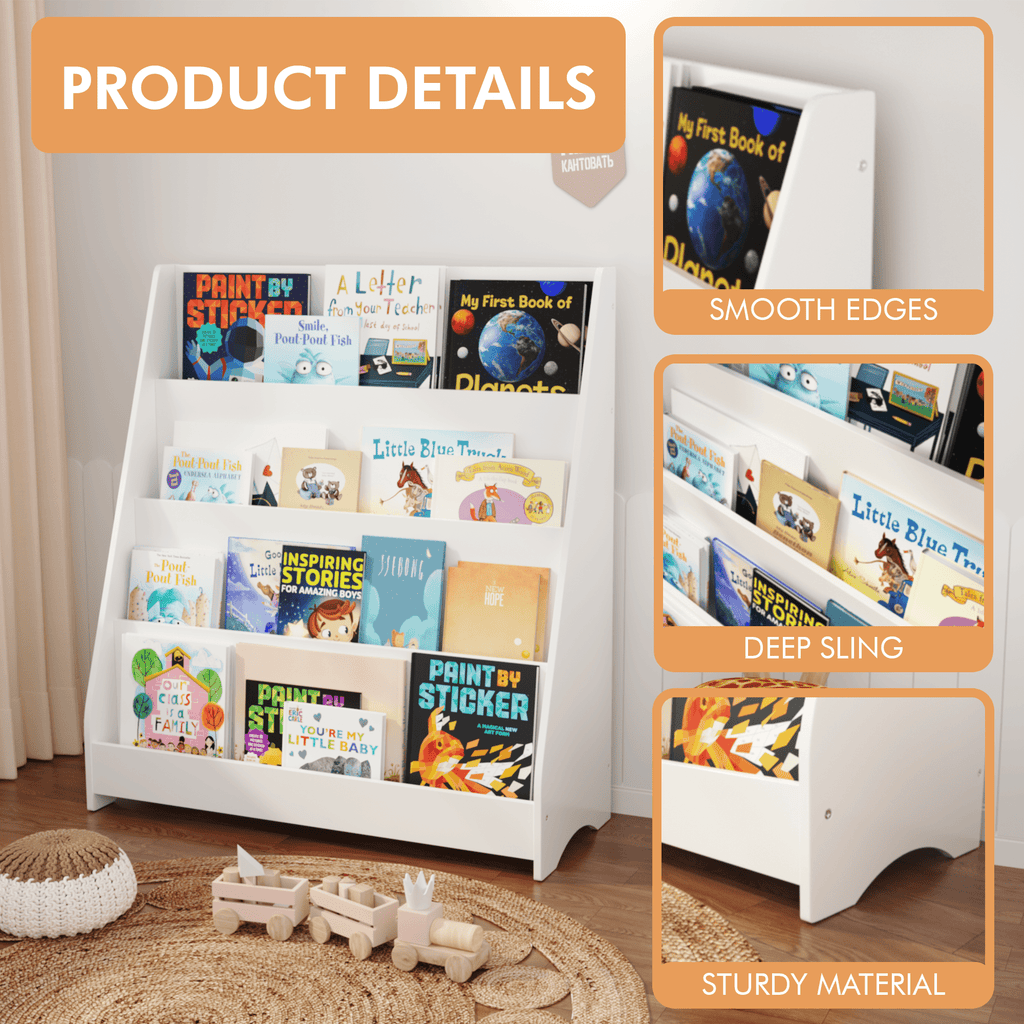 Anthony & Home Kids Bookshelf Exclusive Edition, wooden storage unit with colorful compartments for children's books and toys.