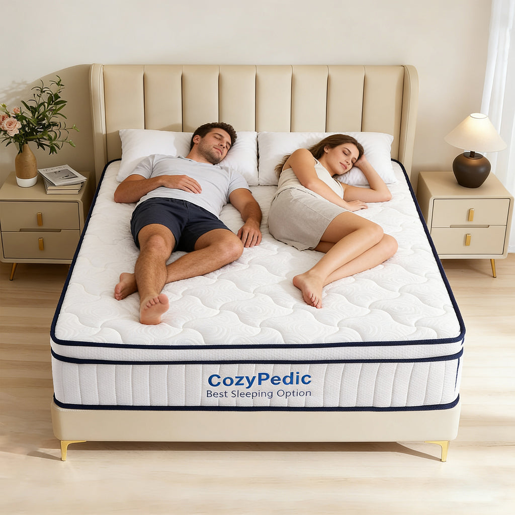 Anthony & Home King Memory Foam Pocket Spring Mattress with plush top and supportive design, shown in a bedroom setting.
