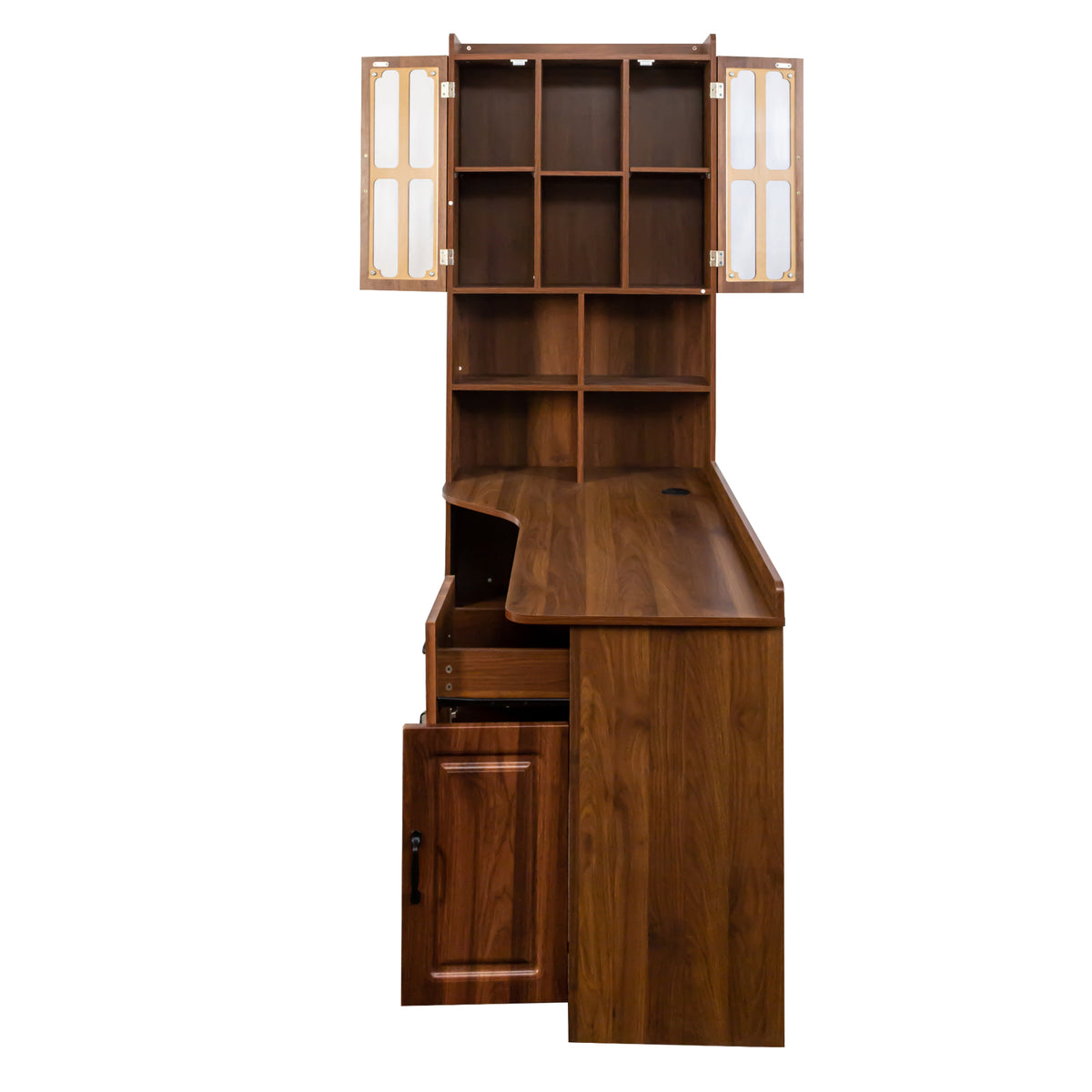L-shaped corner desk with oak veneer finish and attached hutch by Anthony & Home, showcasing spacious workspace and storage.