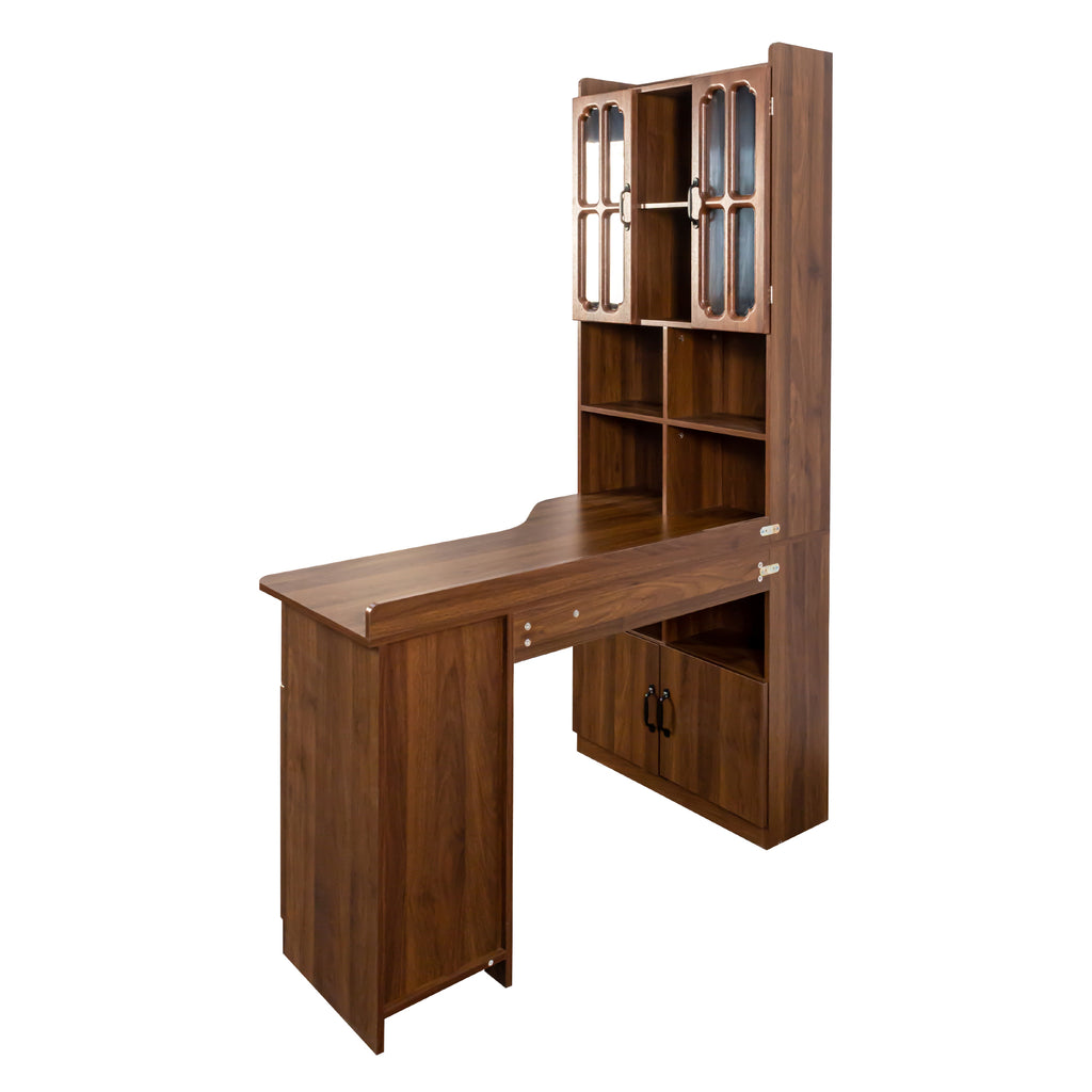 L-shaped corner desk with hutch in oak veneer by Anthony & Home, featuring a spacious workspace and storage compartments.