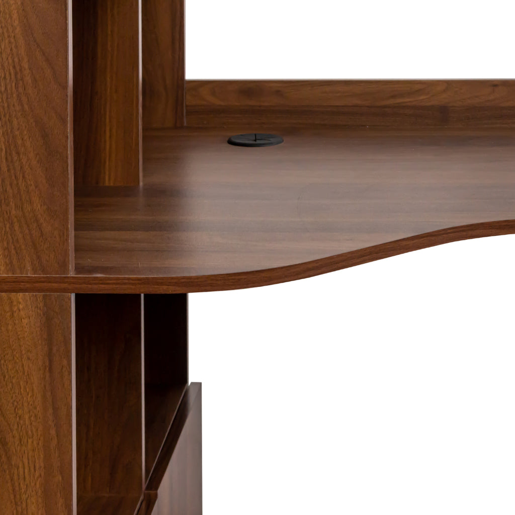 L-shaped corner desk with hutch in oak veneer by Anthony & Home, showcasing a spacious workspace with storage compartments