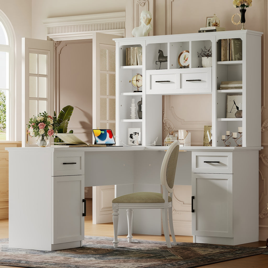 White matte finish L-shaped desk with cabinets and shelves from Anthony & Home Signature Collection, showcasing a modern office workspace.