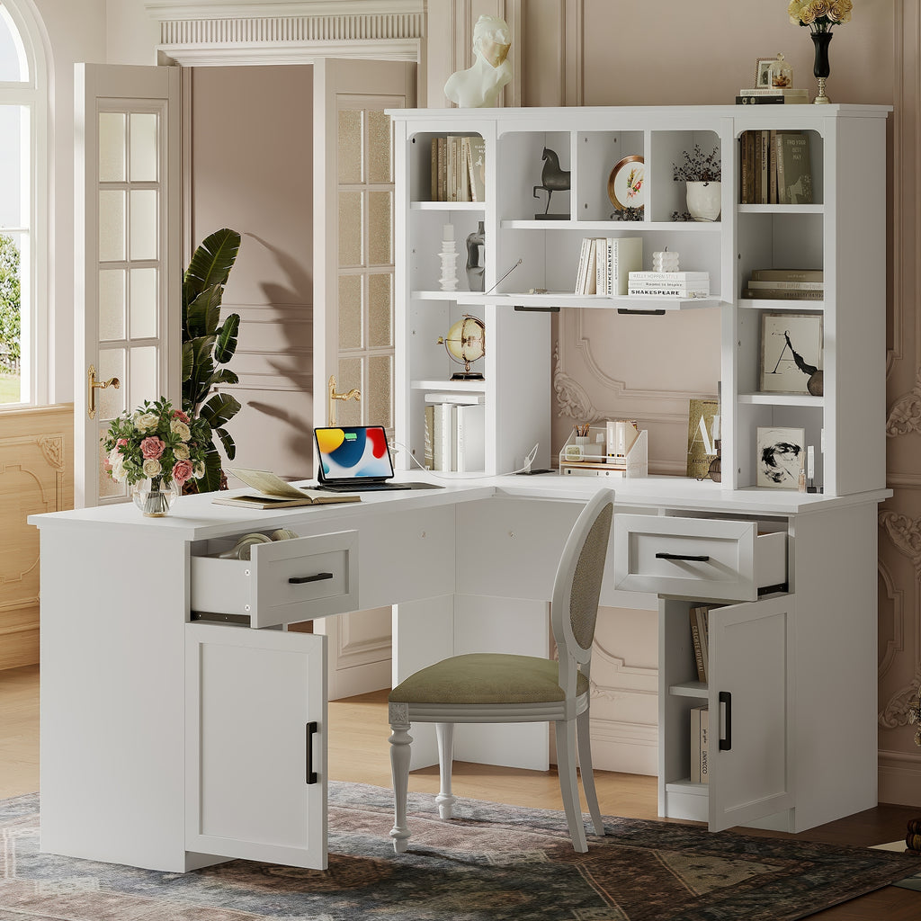 Anthony & Home white matte L-shaped desk with integrated cabinets and shelving from the Signature Collection.
