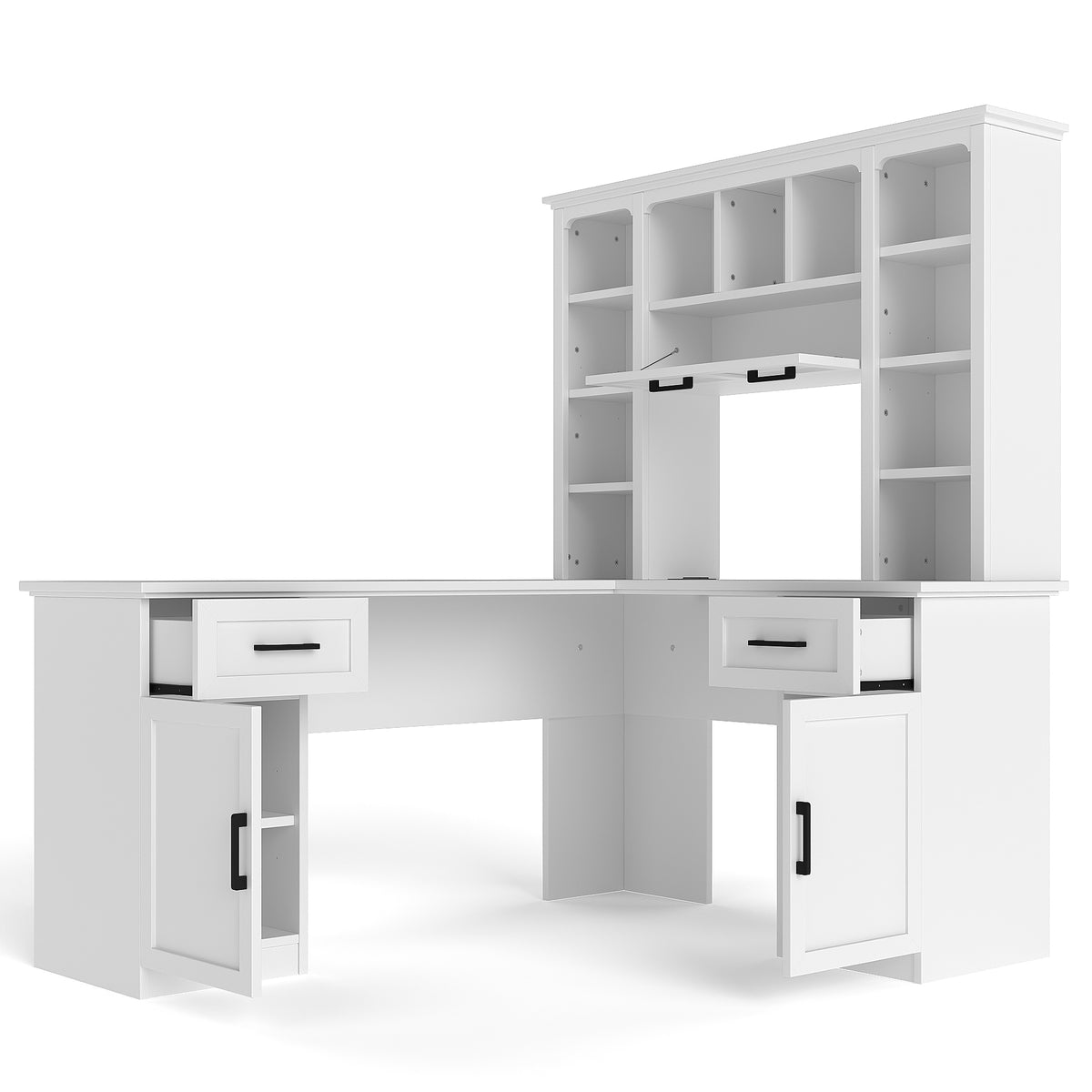 White matte L-shaped desk with attached cabinets and shelving from Anthony & Home Signature Collection, showcasing a modern workspace.